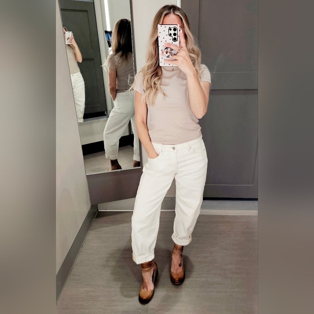 Risen High Rise Barrel Jeans Stretch Cuffed Relaxed Neutral Cream Various NEW - Picture 4 of 12